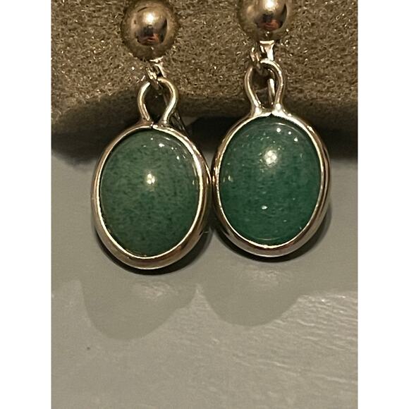 Vintage Clip On Adventurine Dangle Sterling Silver Earrings - Picture 2 of 3